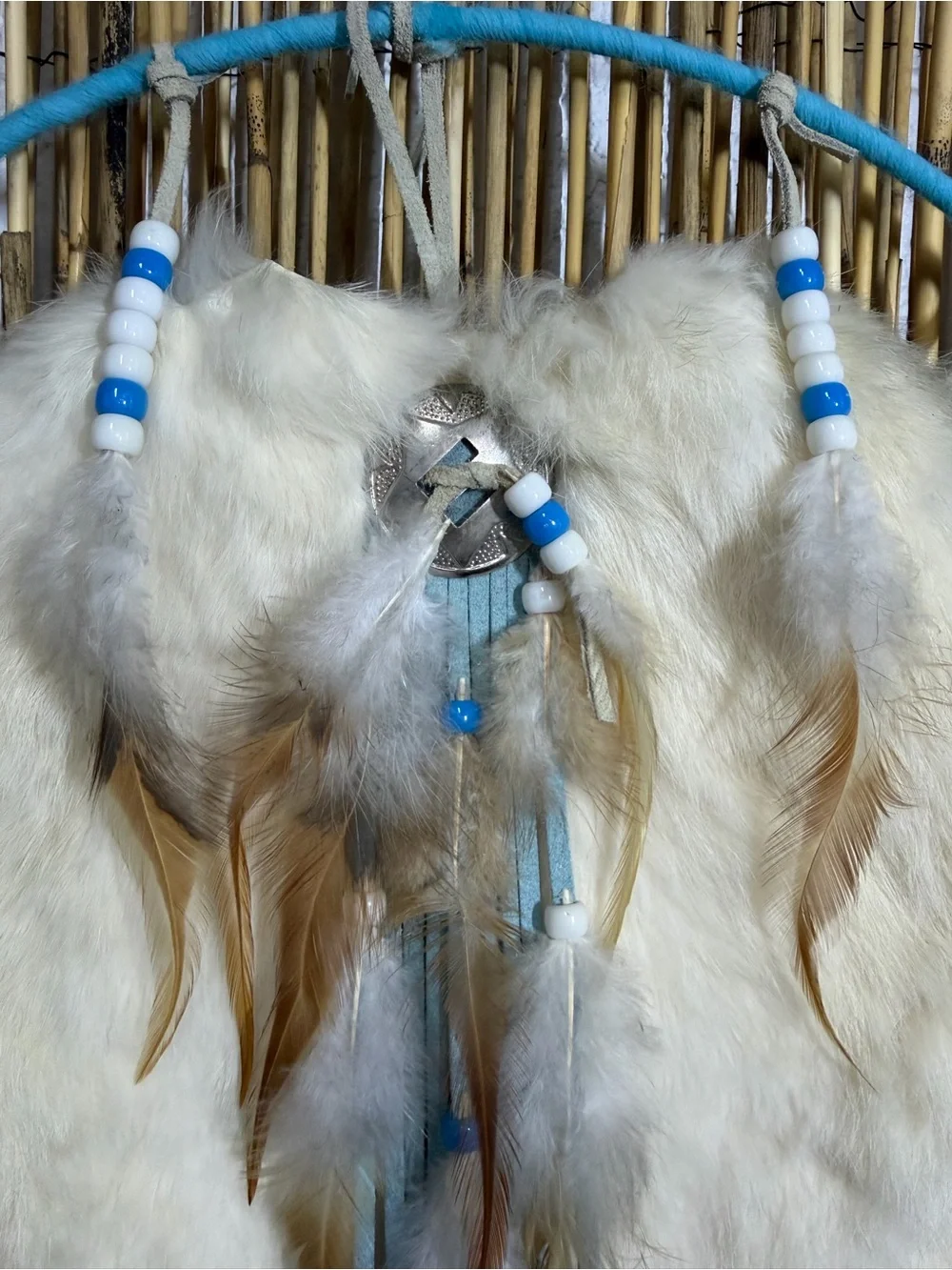 Vintage Large Native American Mandella Dream Catcher, Wool and Rabbit